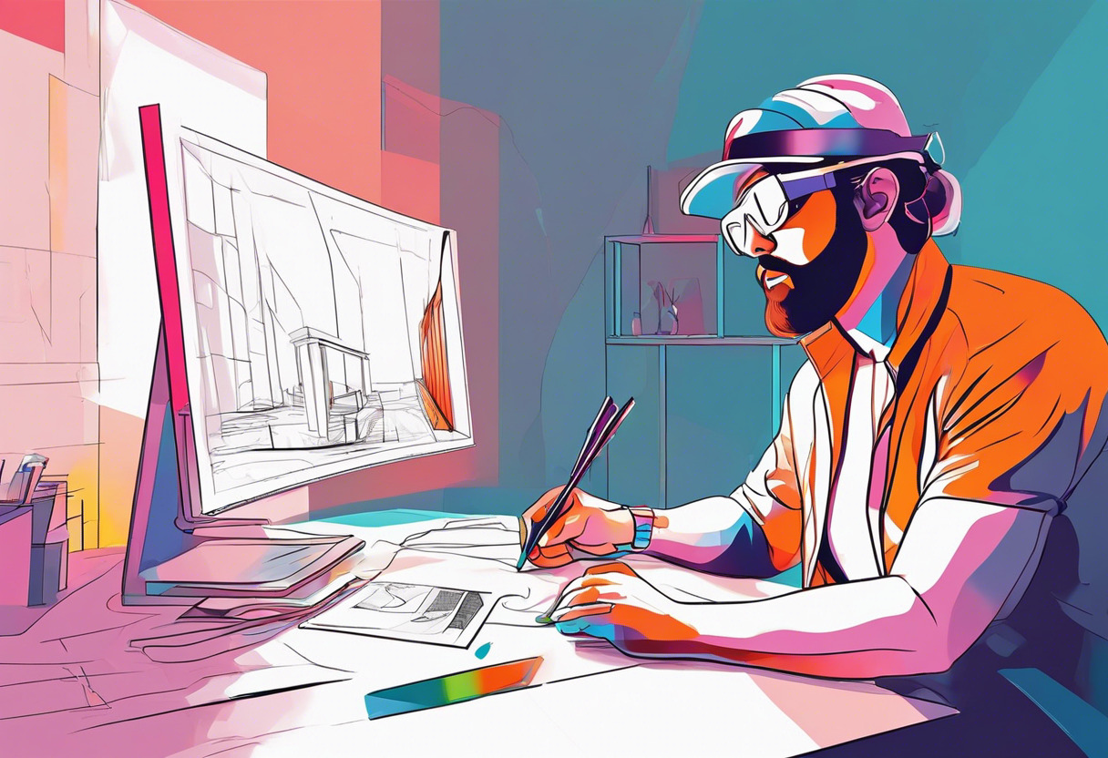 Colorful illustrative image of an artist using Quill VR to create a 3D animation in a virtual studio