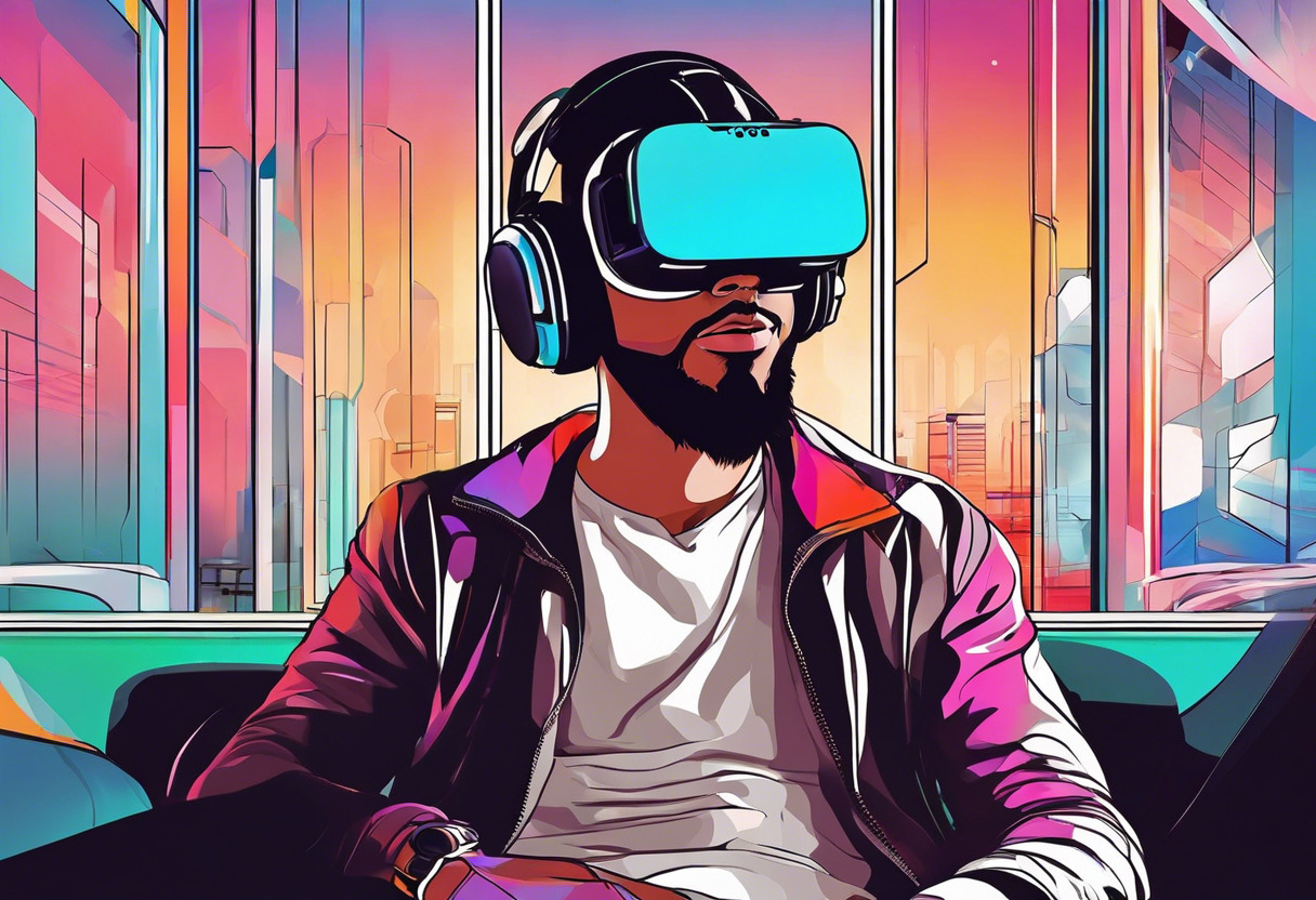 Colorful image a dedicated gamer enjoying high-end gaming on his Vive VR headset in a gaming lounge