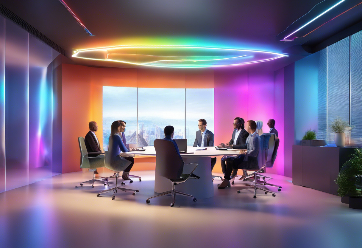 Colorful image depicting a Microsoft Mesh meeting in progress, with holographic avatars actively participating in a sleek 3D virtual office