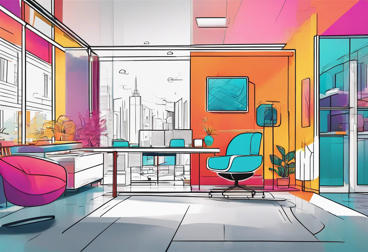 Colorful image depicting a person navigating through an interactive real estate tour on Kuula, in a state-of-the-art virtual reality workspace