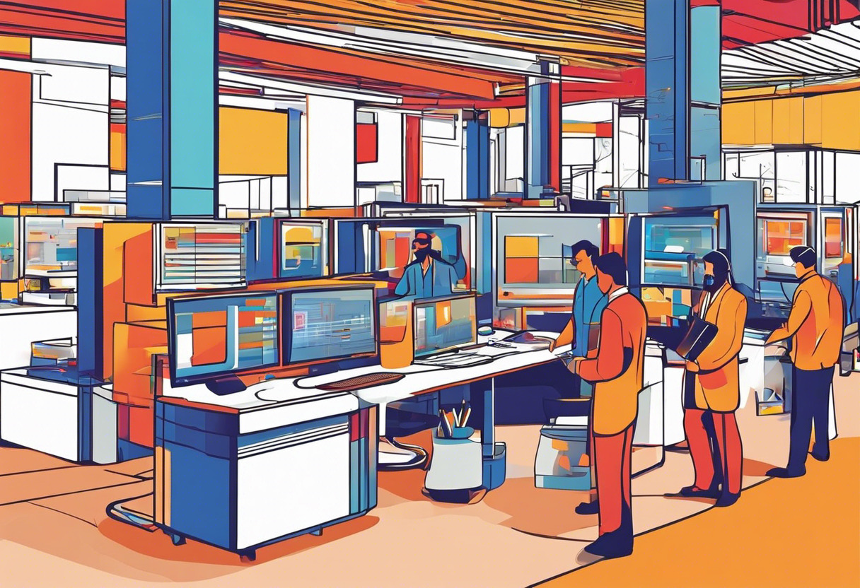 Colorful image depicting an industry professional interacting with the ViewAR system in a bustling tech hub