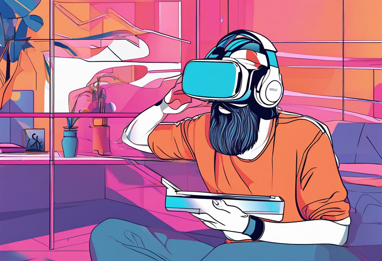 Colorful image depicts an avid gamer enjoying their VR experience using Oculus Quest 2 headset