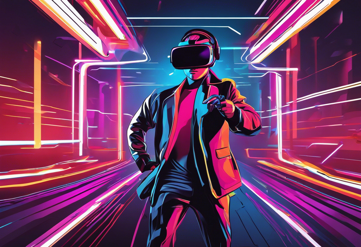 Colorful image displaying a futuristic gamer utilizing the Oculus Quest 2 in a vibrant gaming arena.