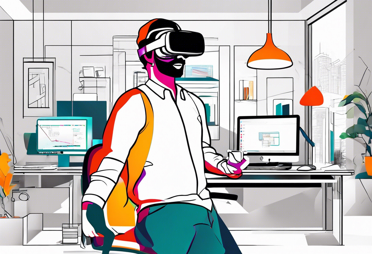 Colorful image featuring a software developer with a VR headset in a tech-savvy workspace