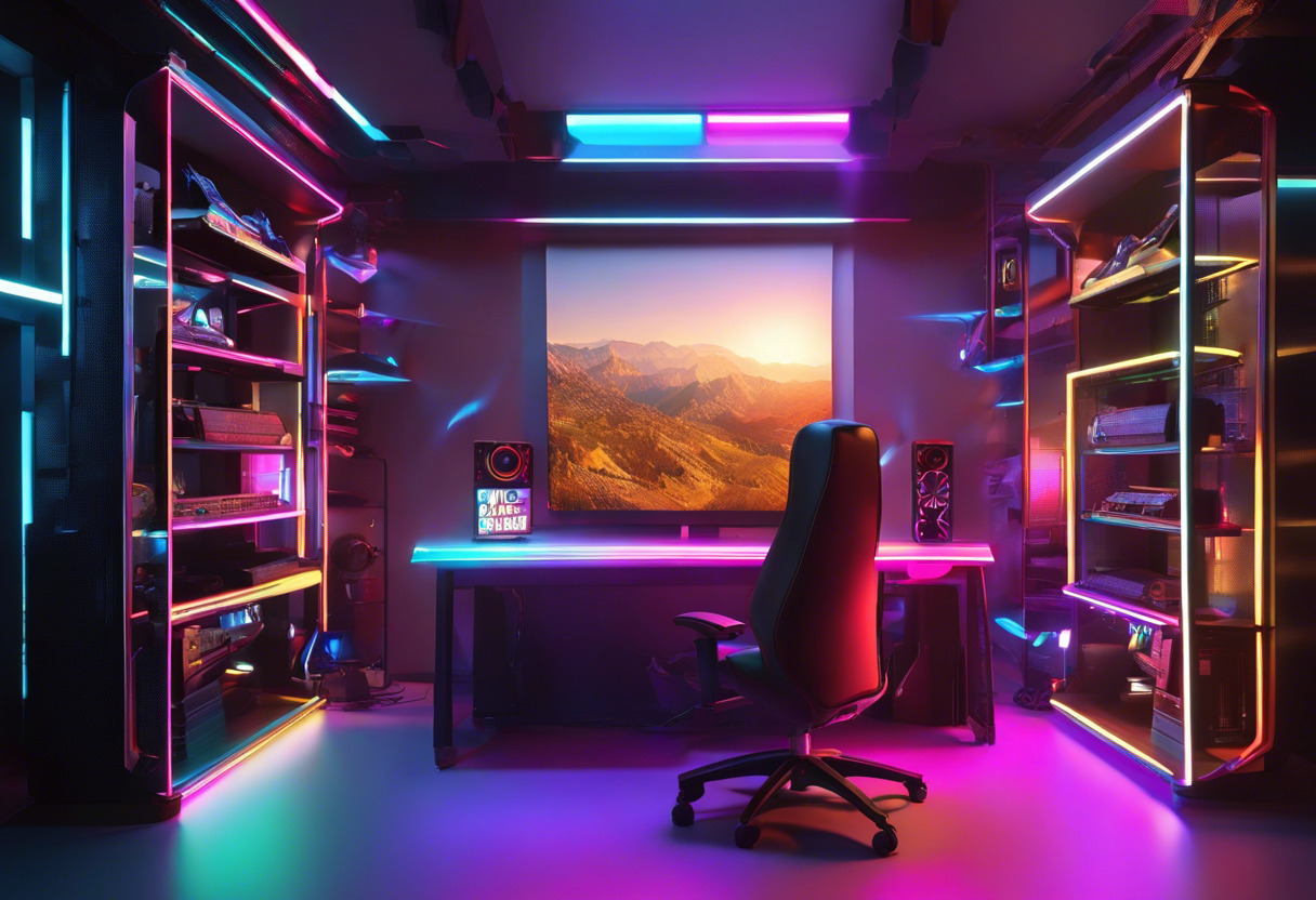 Colorful image featuring a tech enthusiast using Meta Quest 3 in a gaming room