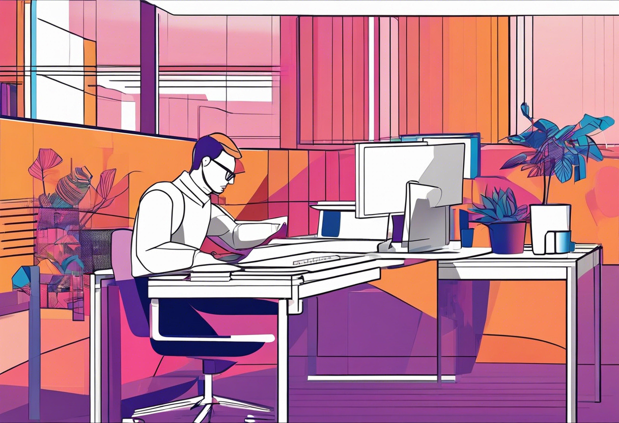 Colorful image featuring a tech expert creating a 3D model in a modern workspace.
