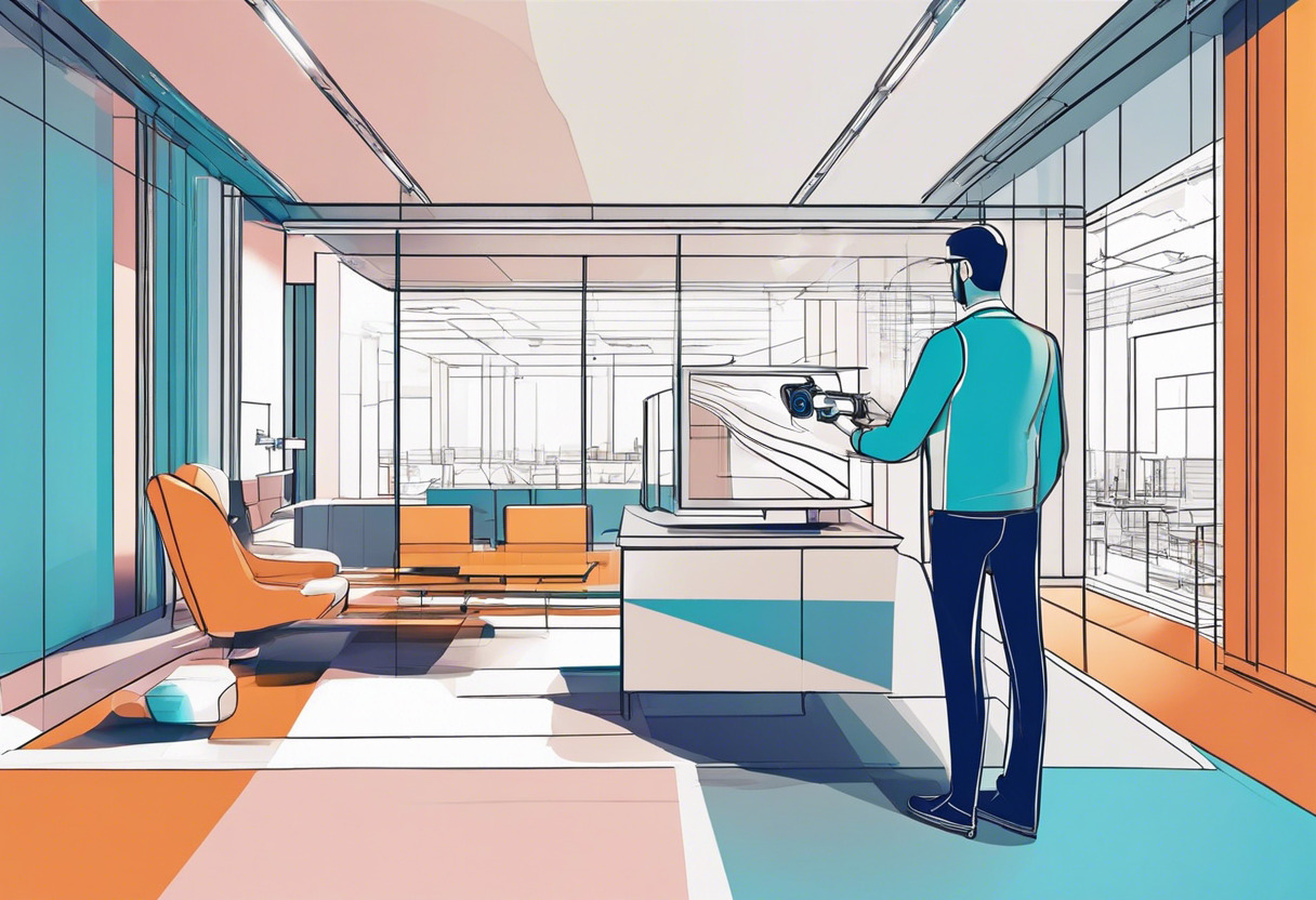 Colorful image featuring a tech-savvy architect scanning a modernly furnished commercial space with a 3D camera