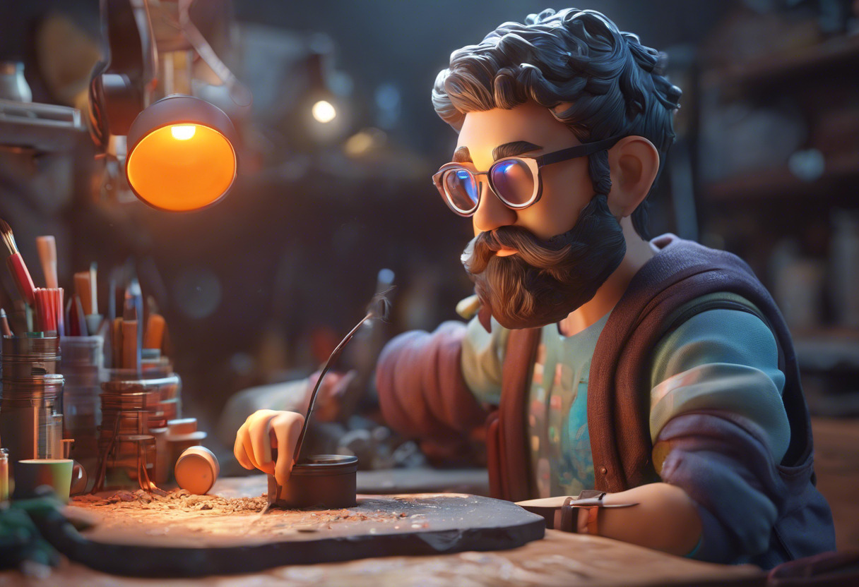 Colorful image of a 3D artist sculpting a character in ZBrush in a creative studio