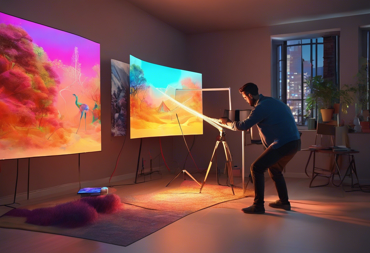 Colorful image of a 3D artist using Tilt Brush to sketch a dimensional painting in a virtual studio