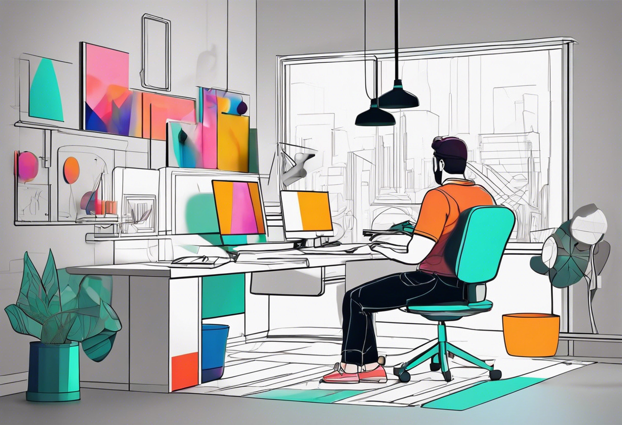 Colorful image of a 3D artist working on an animation using Blender in a creative studio