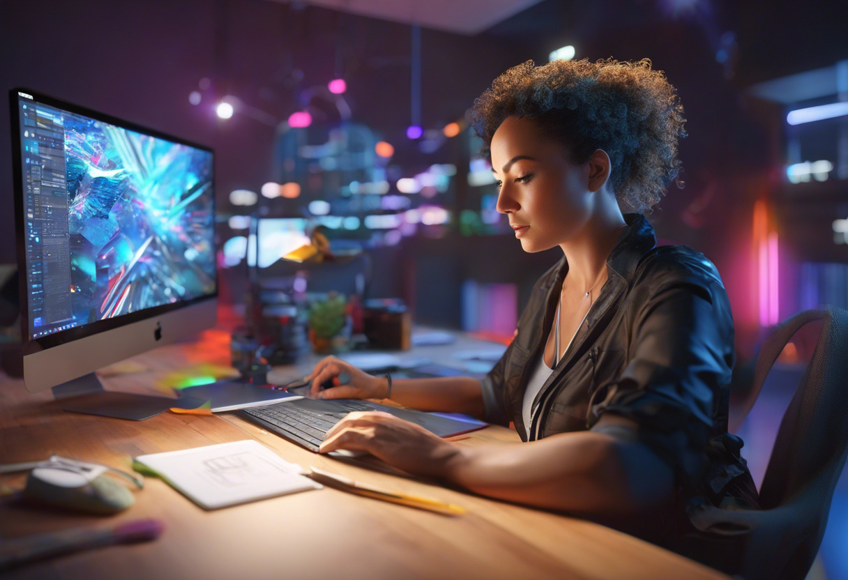 Colorful image of a 3D designer using Adobe Substance 3D Designer in a high-tech studio