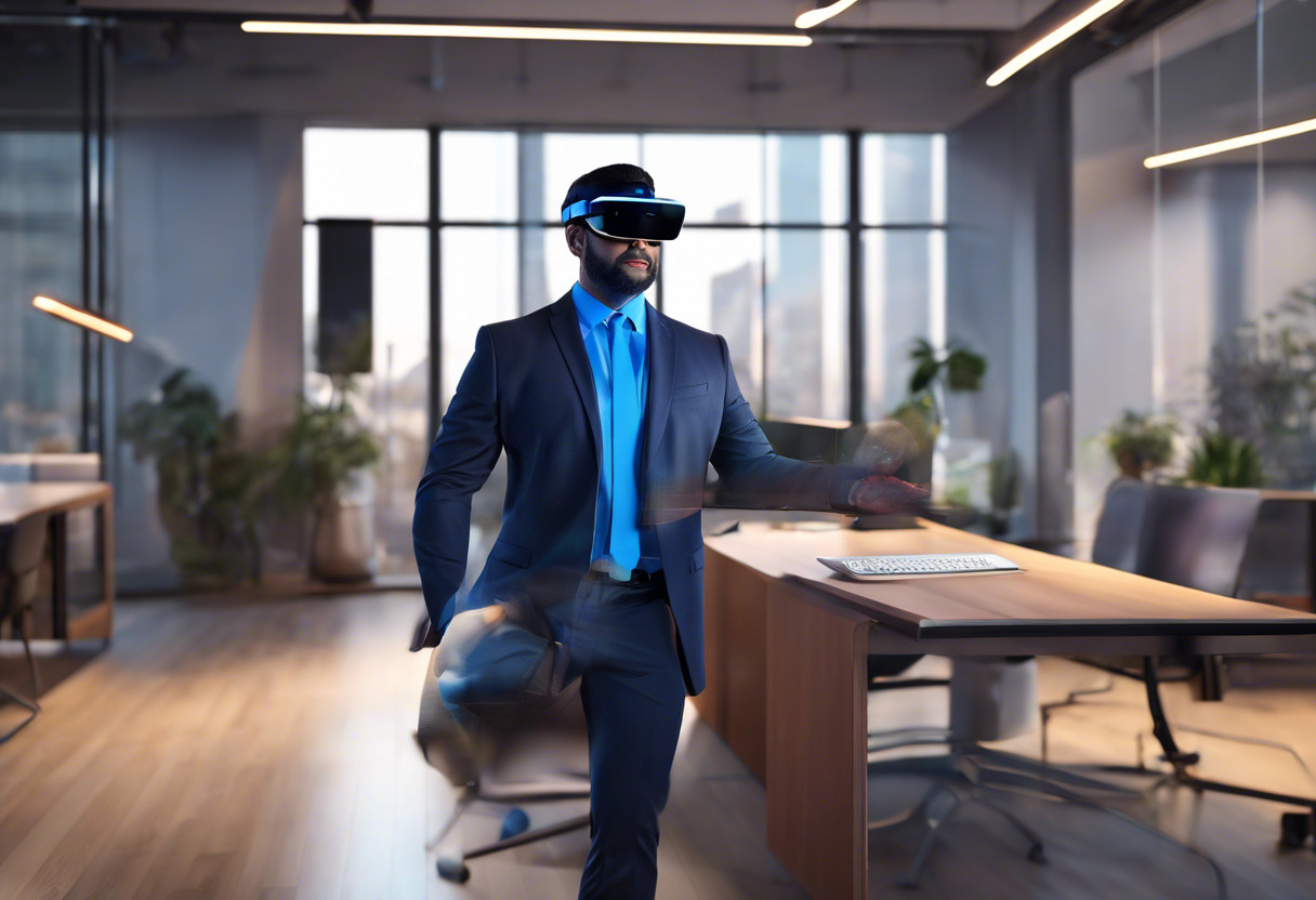 Colorful image of a business executive utilizing the HoloLens 2 in an office