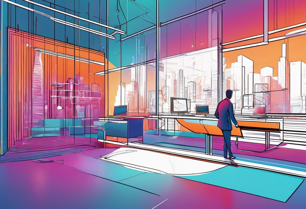 Colorful image of a business professional exploring 3D models in a futuristic digital workspace