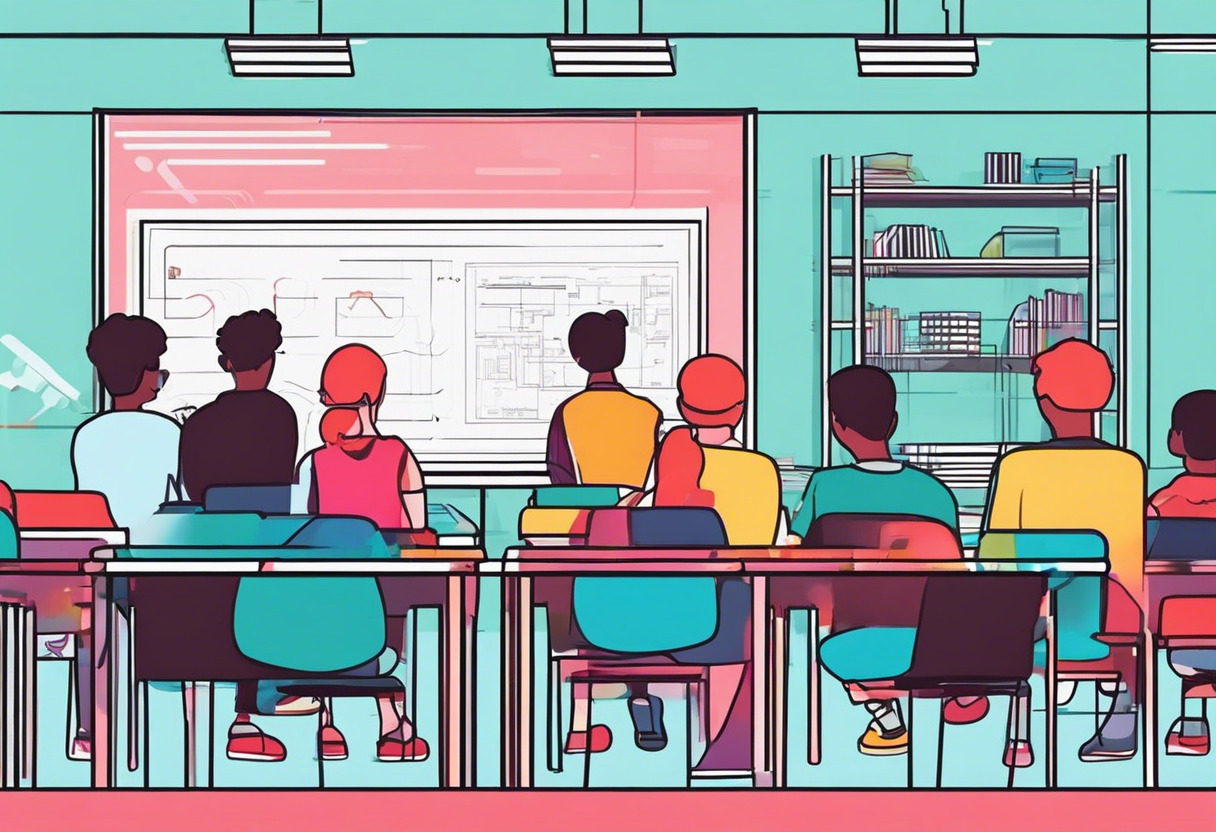 Colorful image of a classroom with students learning video game programming