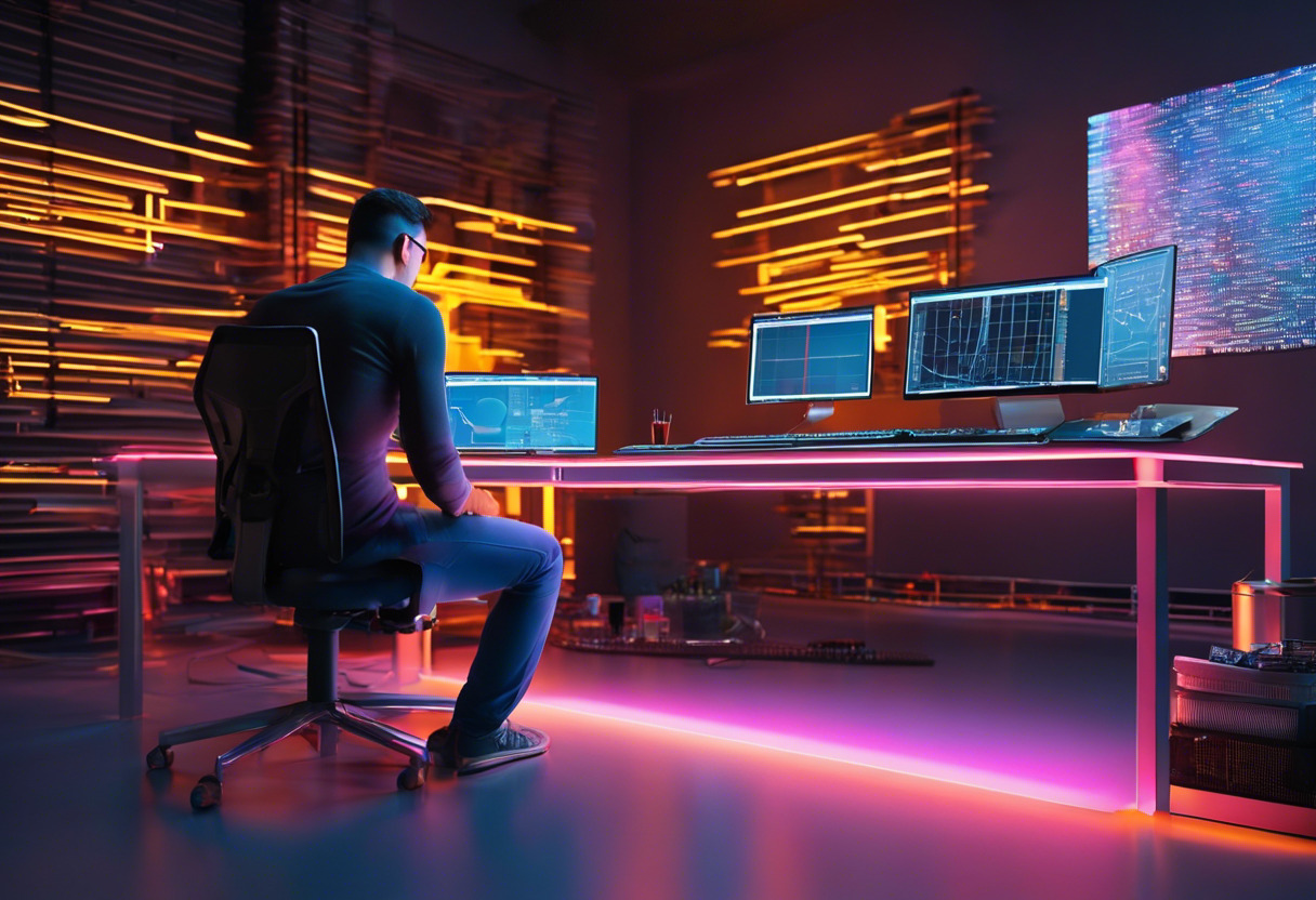 Colorful image of a computer graphics engineer working on a photorealistic scene in a state-of-the-art studio, powered by Arnold