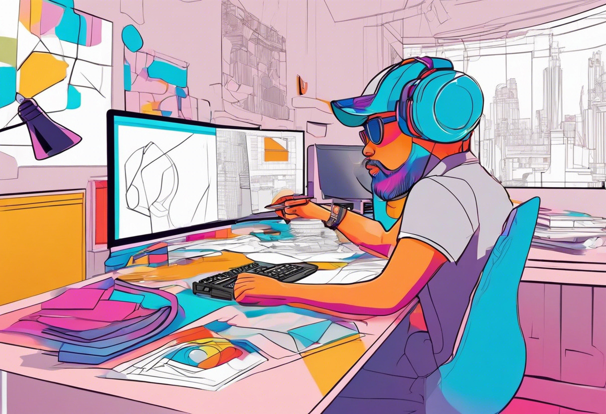 Colorful image of a creative professional working on a complex 3D character using ZBrush in a vibrant animation studio