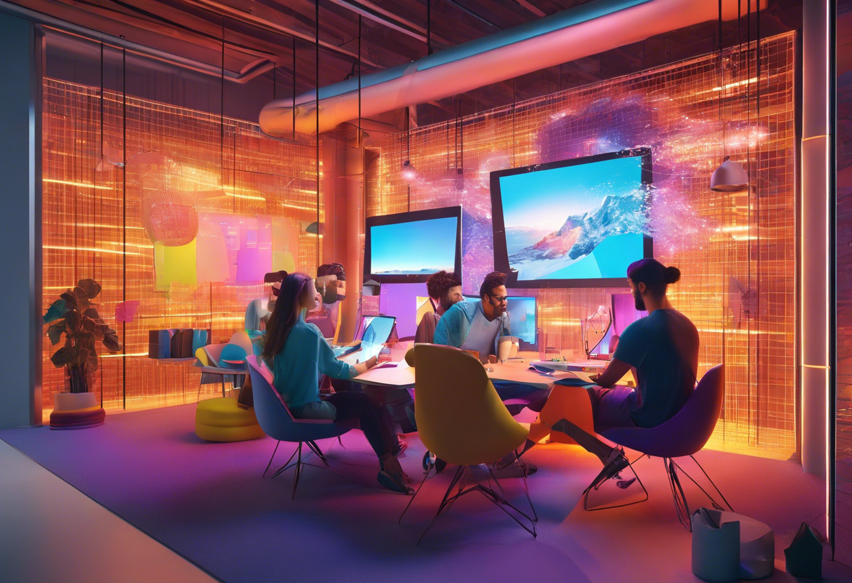 Colorful image of a creative team brainstorming for AR content at a state-of-the-art tech hub