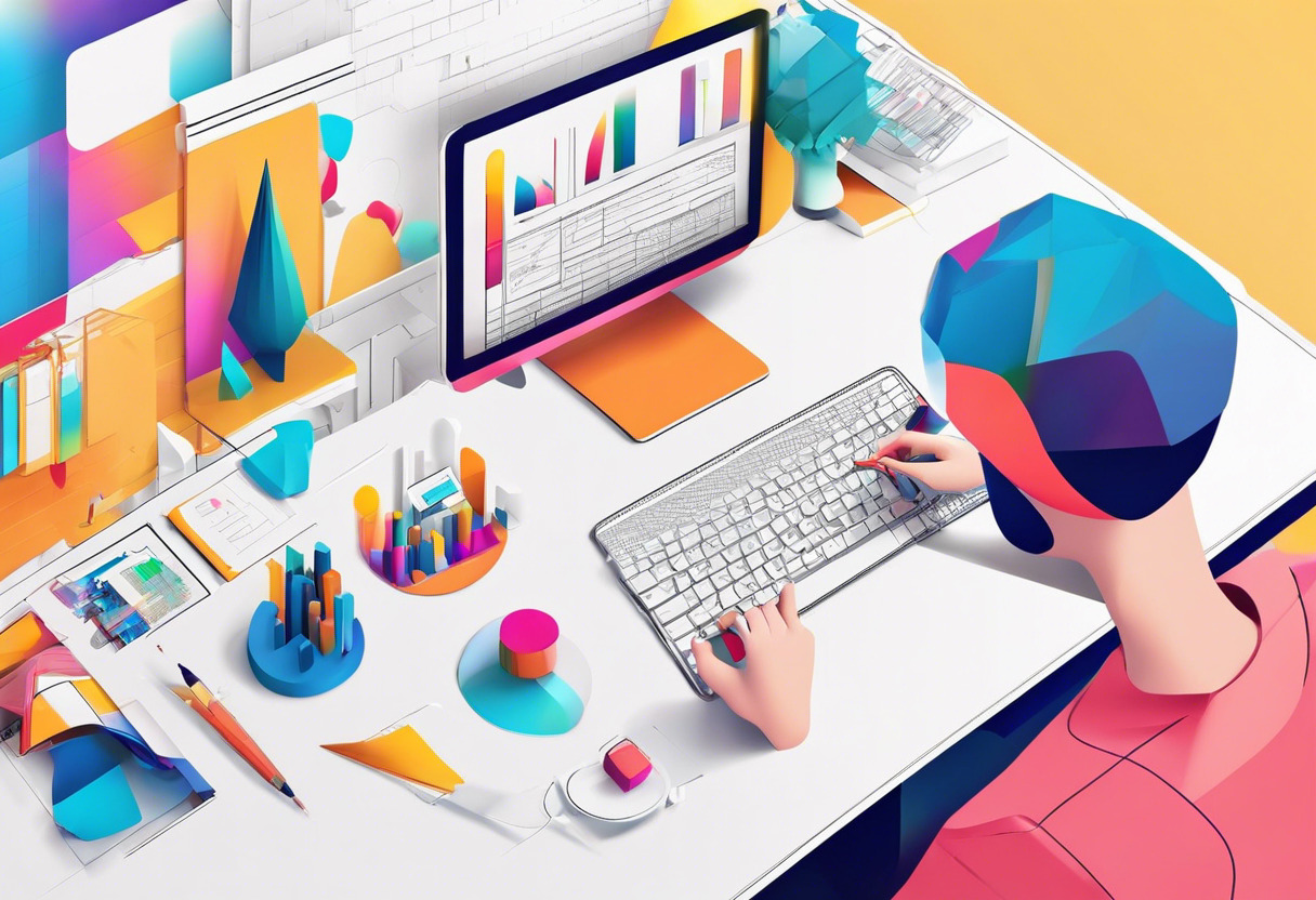 Colorful image of a designer using PixelSquid's integrated 3D objects in Adobe Photoshop