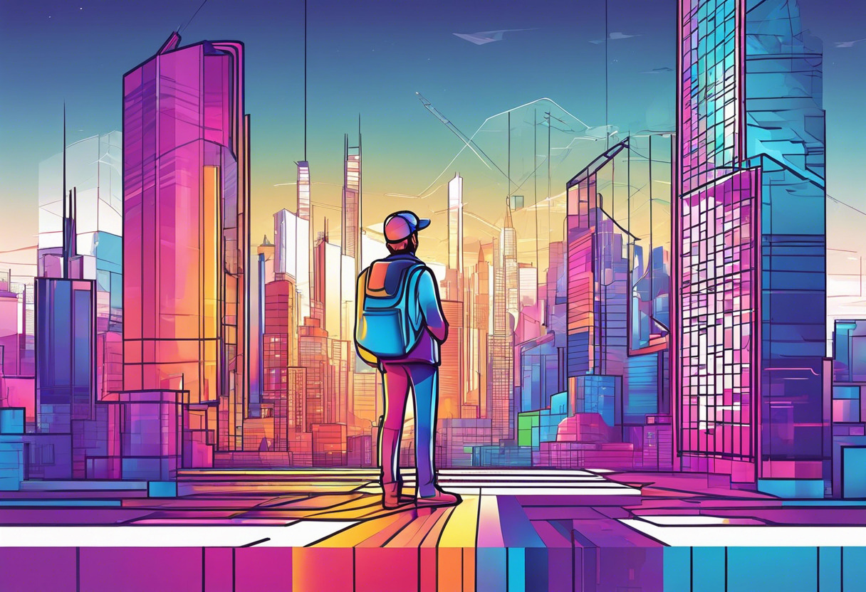 Colorful image of a developer building an exciting 3D game in a vibrant cityscape