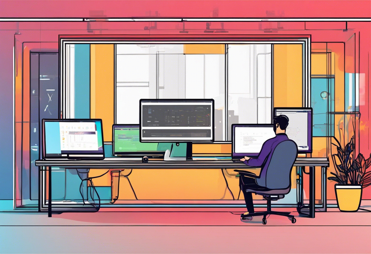 Colorful image of a developer programming with JavaScript on a dual-screen setup in a modern tech workspace