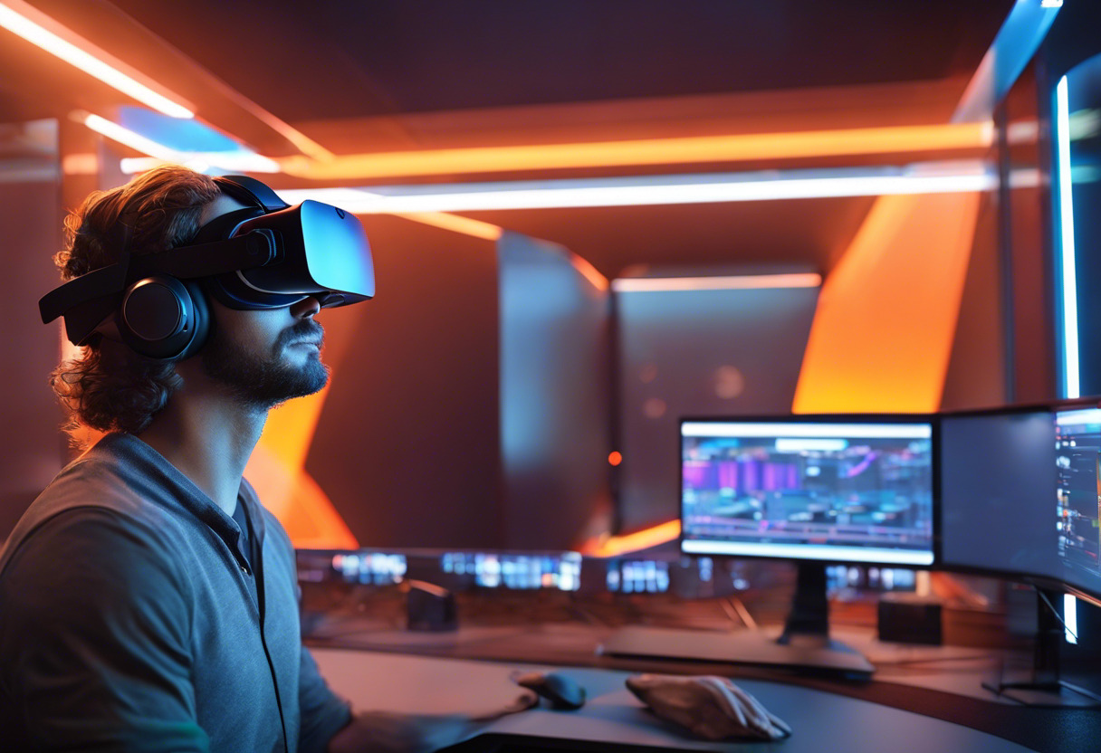 Colorful image of a developer using OpenXR in a high-tech virtual reality lab