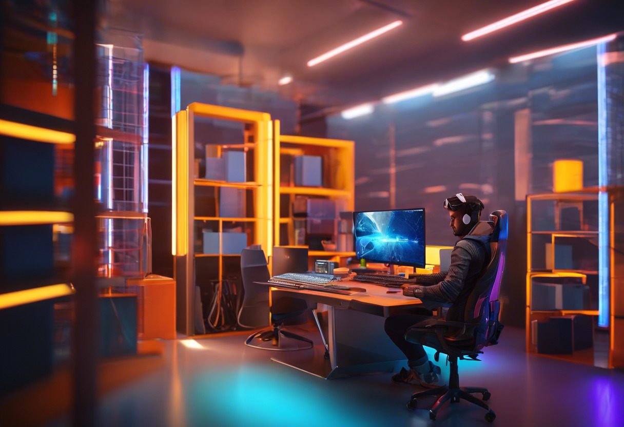 Colorful image of a developer utilizing Unity for game creation in a tech lab