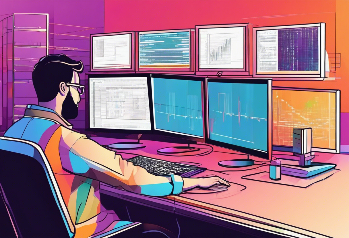 Colorful image of a developer working on multiple computer screens, displaying lines of code in a technology company