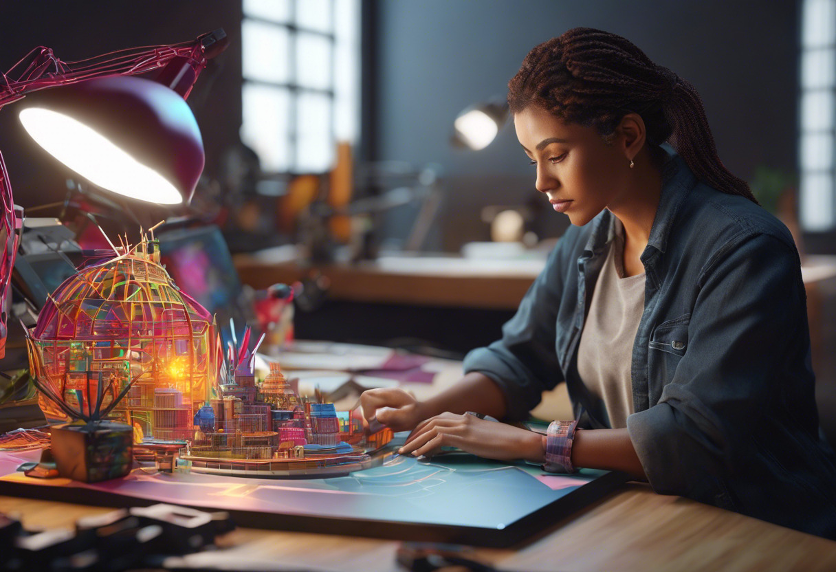 Colorful image of a digital artist creating an intricate 3D model on Maya in a multimedia studio