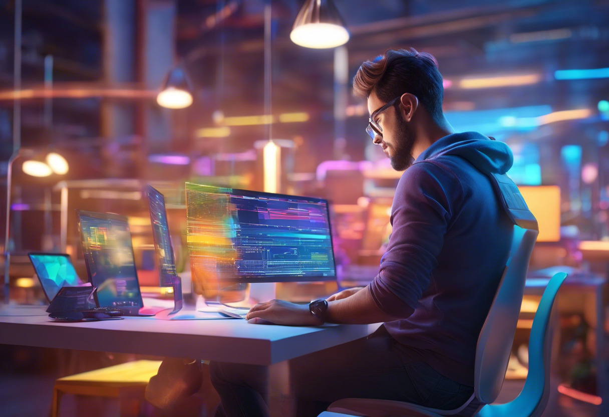 Colorful image of a diligent programmer perfecting Flutter-powered apps, stationed in an upbeat workspace