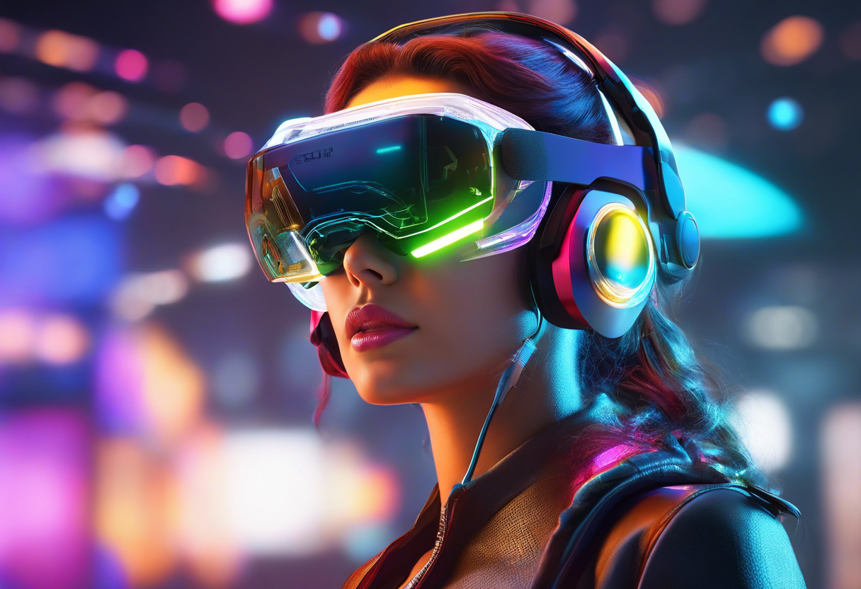 Colorful image of a futuristic woman donning an AR headset, engaging in Meta’s immersive virtual realm