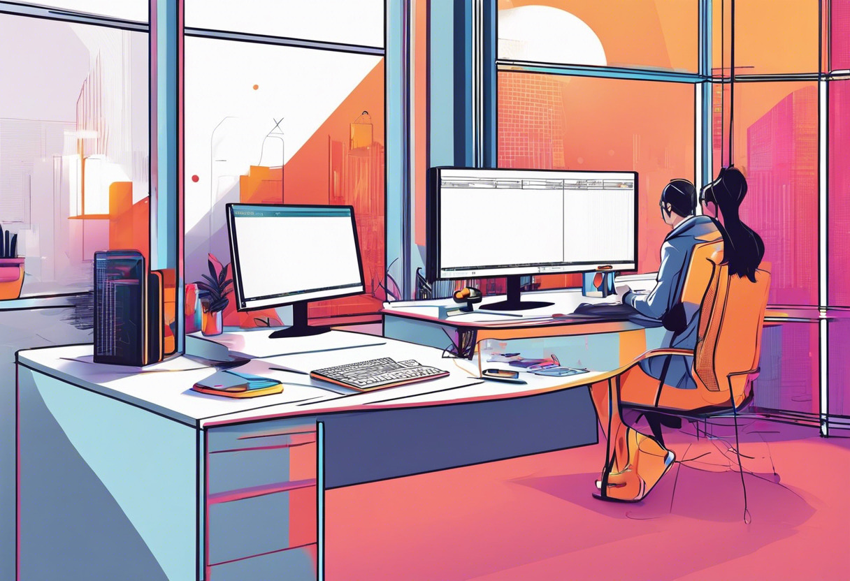 Colorful image of a game designer using LÖVE on a dual-screen setup in a light-filled office