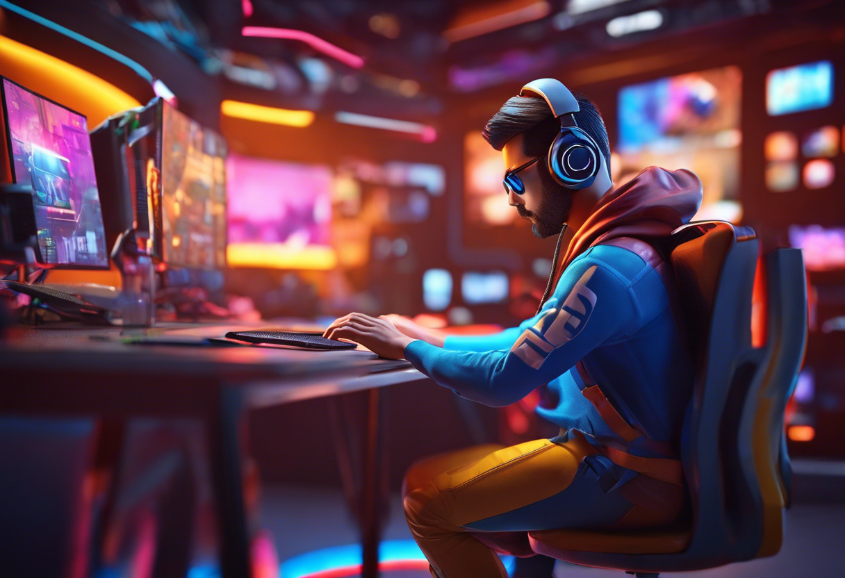 Colorful image of a game developer working on a 3D video game using Stride in a creative workspace