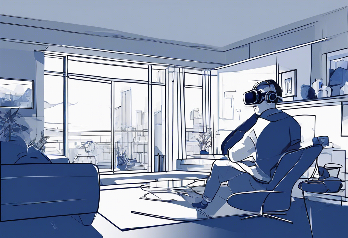 Colorful image of a gamer engrossed in a high-resolution game wearing the navy-blue HTC Vive Pro in a tech-centric living room.
