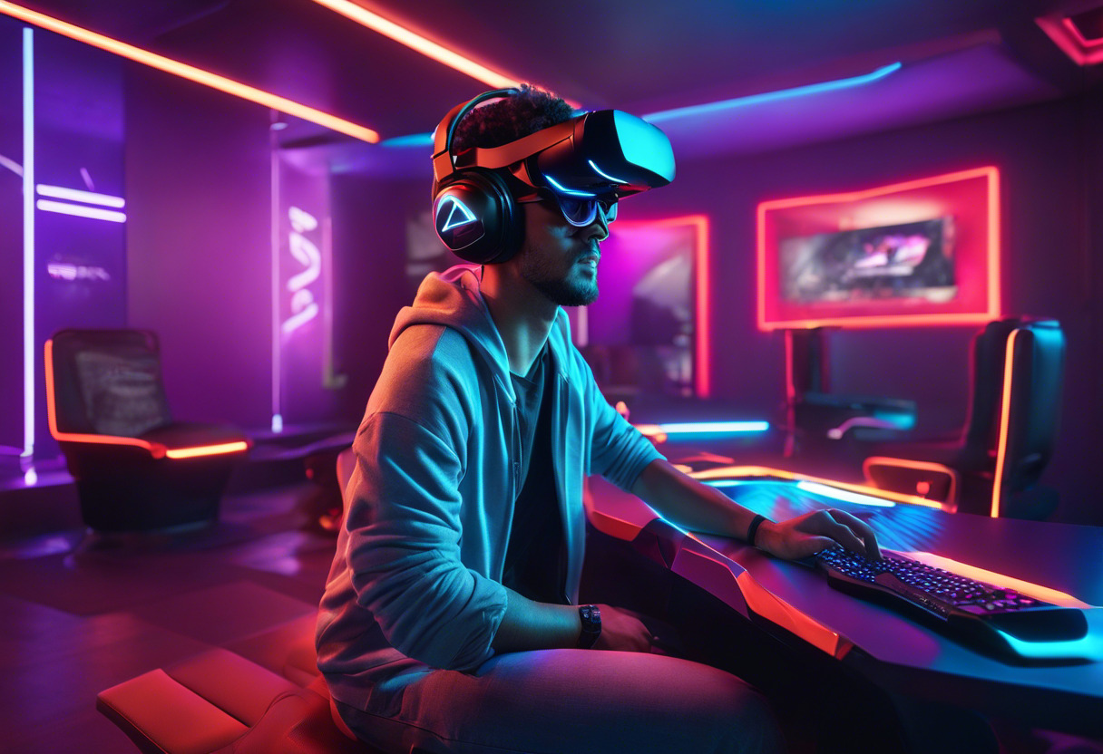 Colorful image of a gamer engrossed in an exciting VR experience using Meta Quest 2 in a futuristic gaming lounge