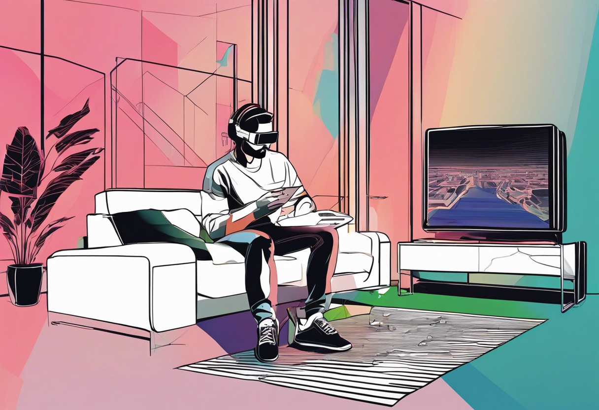 Colorful image of a gamer immersed in virtual battle using Nreal Air glasses in a living room
