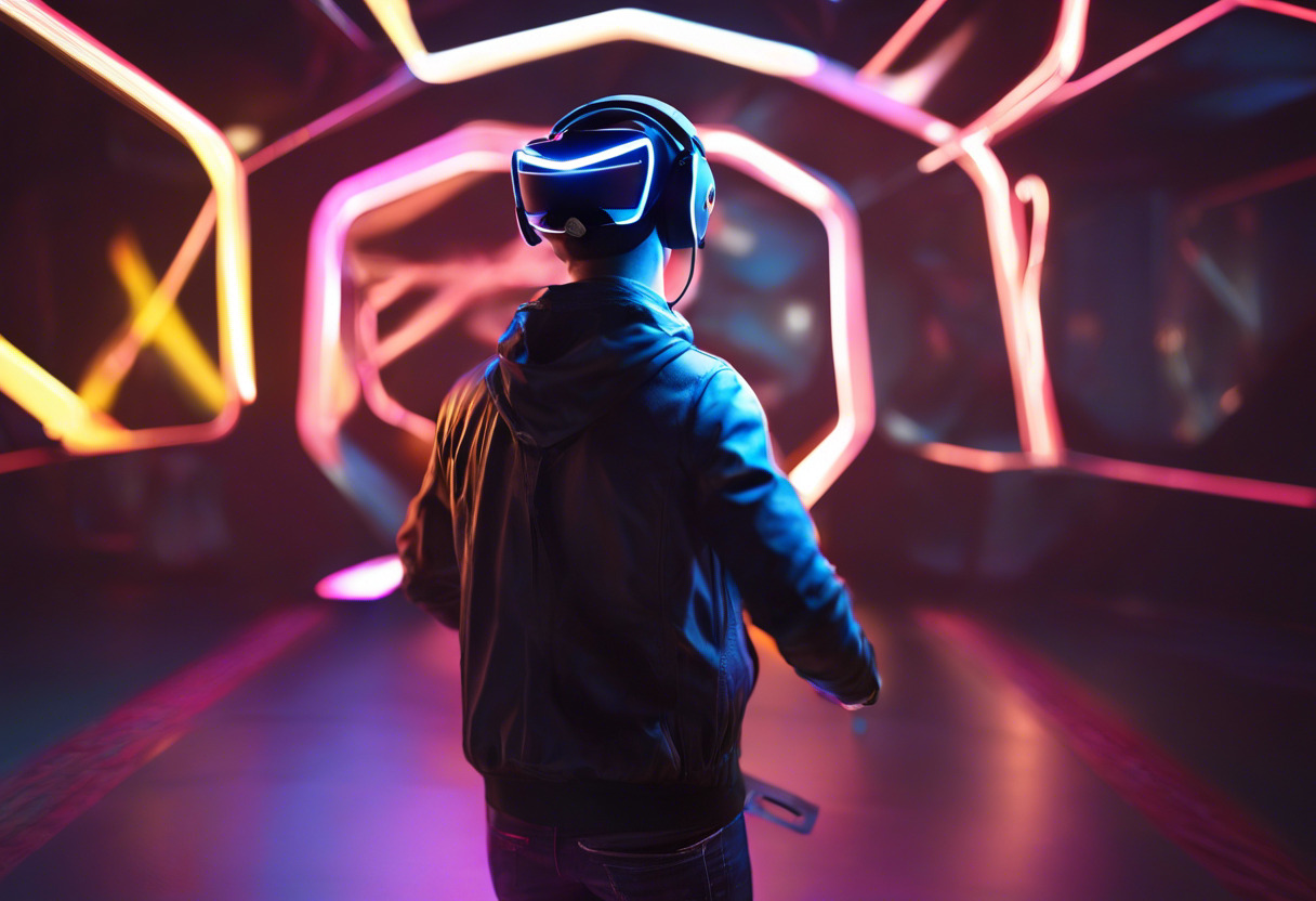 Colorful image of a gamer teleporting into a dynamic, virtual world with the Meta Quest 2 headset