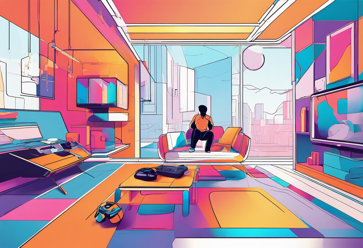 Colorful image of a gaming enthusiast exploring virtual reality in a futuristic room