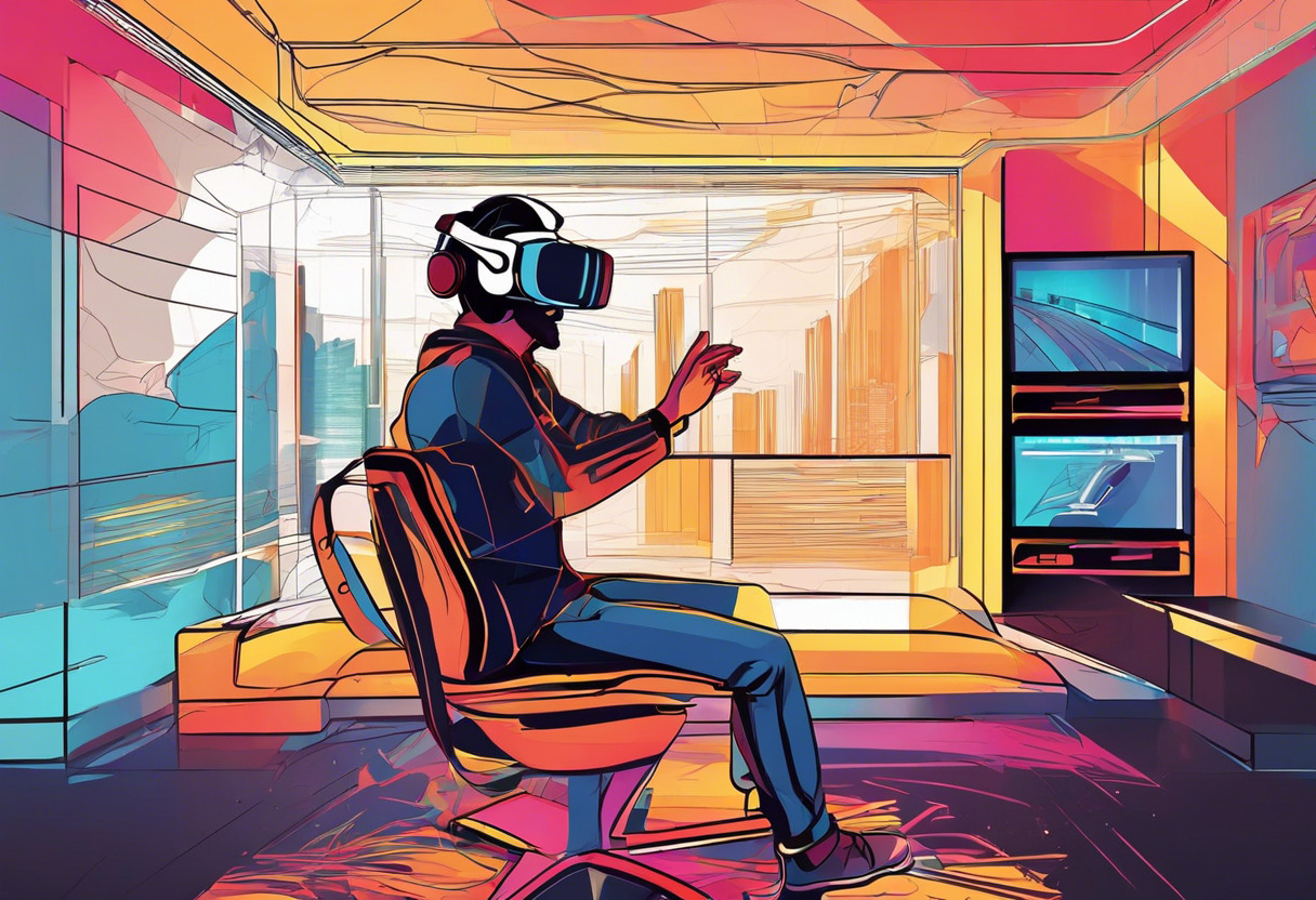 Colorful image of a gaming enthusiast immersed in a virtual reality experience using Oculus Rift in a modern gaming room