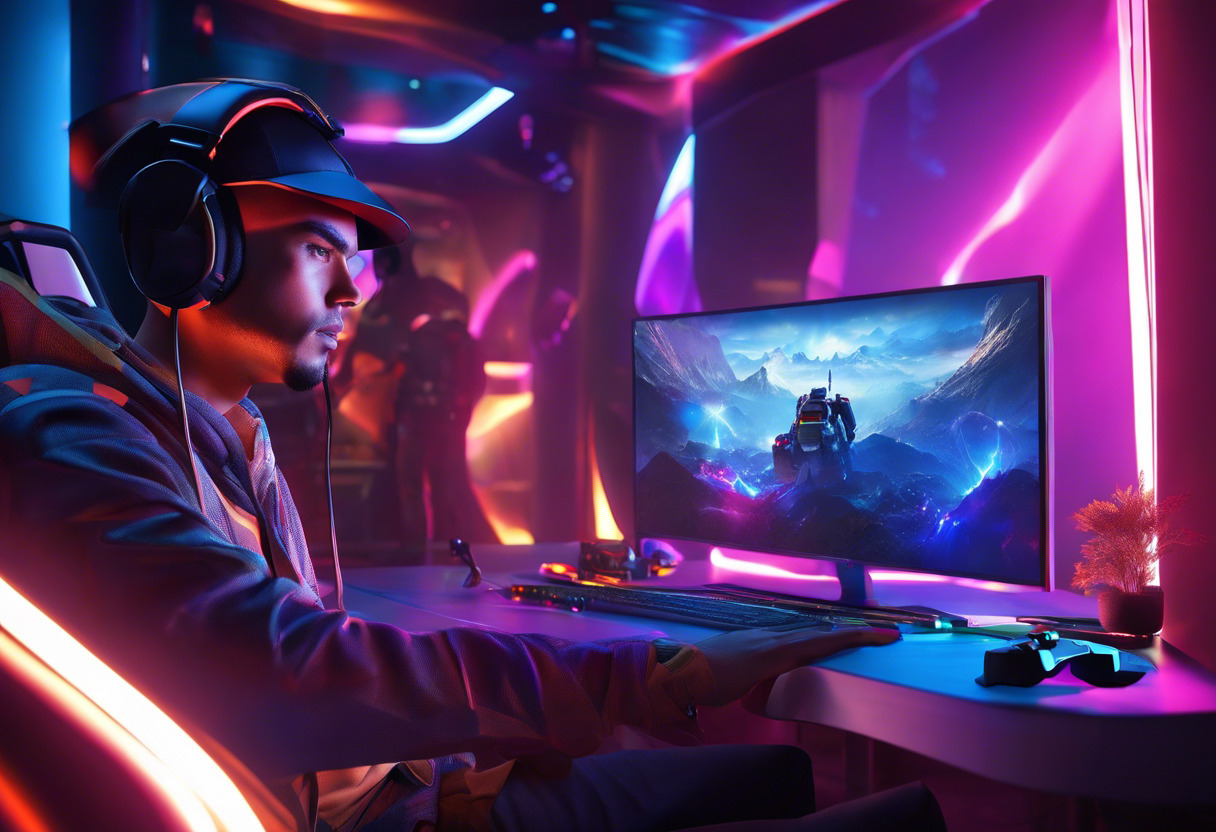 Colorful image of a gaming enthusiast immersed in the impressive visuals of Meta Quest 3 in a high-tech gaming lounge.
