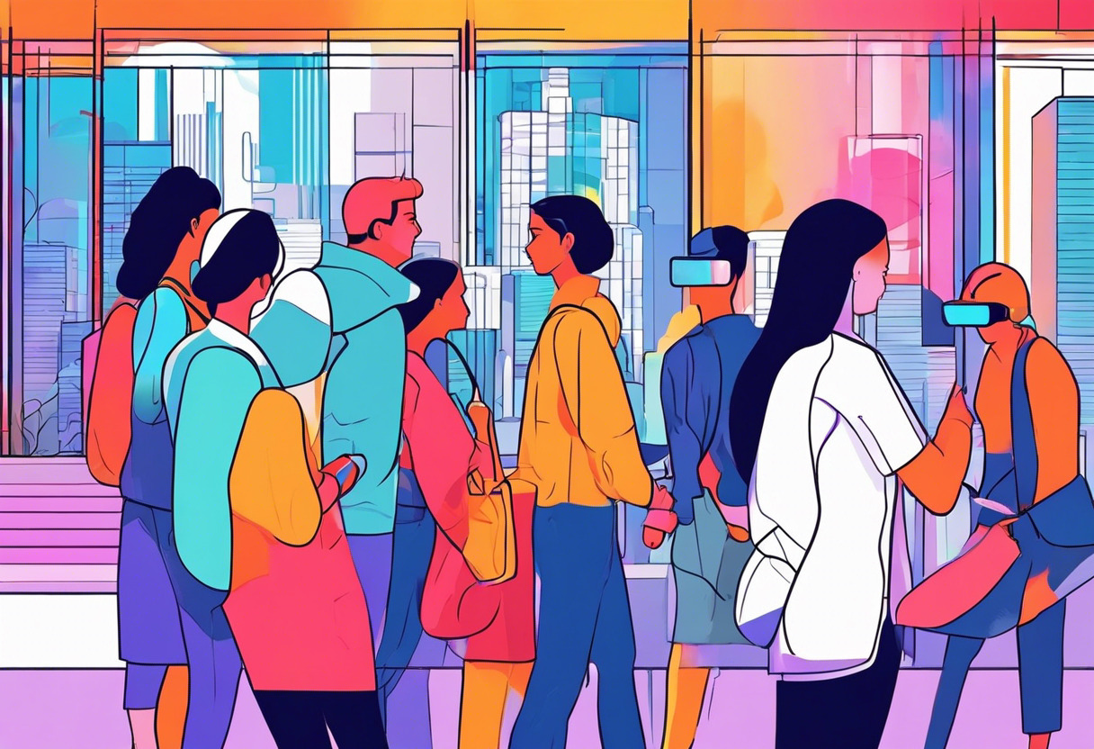 Colorful image of a group of friends exploring a virtual city in the Facebook Metaverse