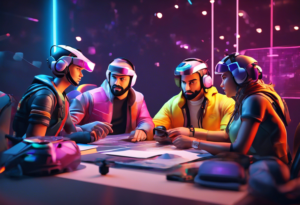 Colorful image of a group of game developers brainstorming over Unity interface