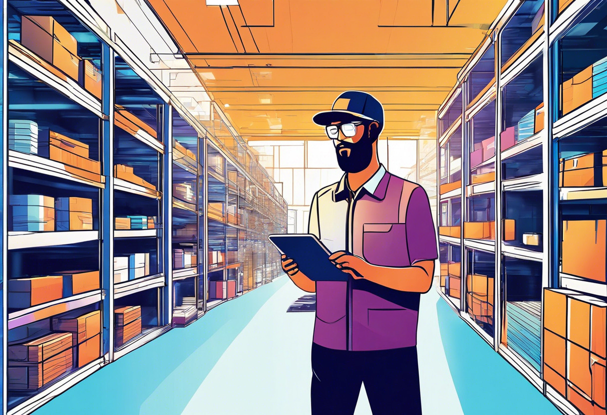 Colorful image of a logistics officer using the BUNDLAR Augmented Reality platform in a high-tech distribution center.