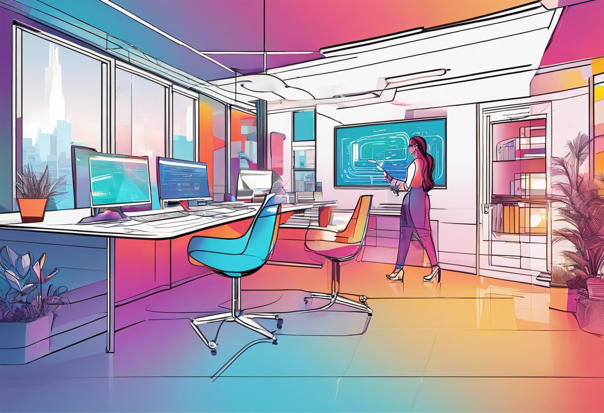 Colorful image of a marketer designing an AR experience using ZapWorks in a futuristic office
