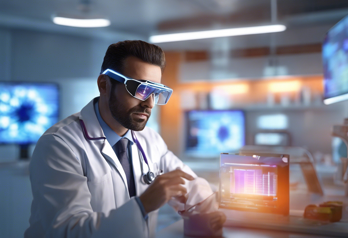 Colorful image of a medical professional utilizing Blade 2 AR smart glasses in a modern healthcare setting
