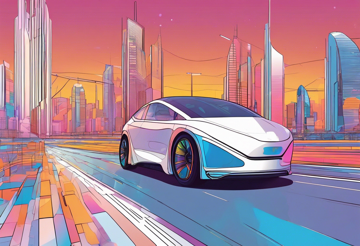 Colorful image of a person operating a self-driving car in a futuristic cityscape