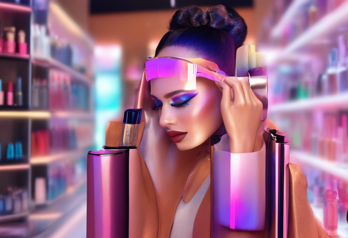 Colorful image of a person trying on virtual make-up via an AR device in a retail setting