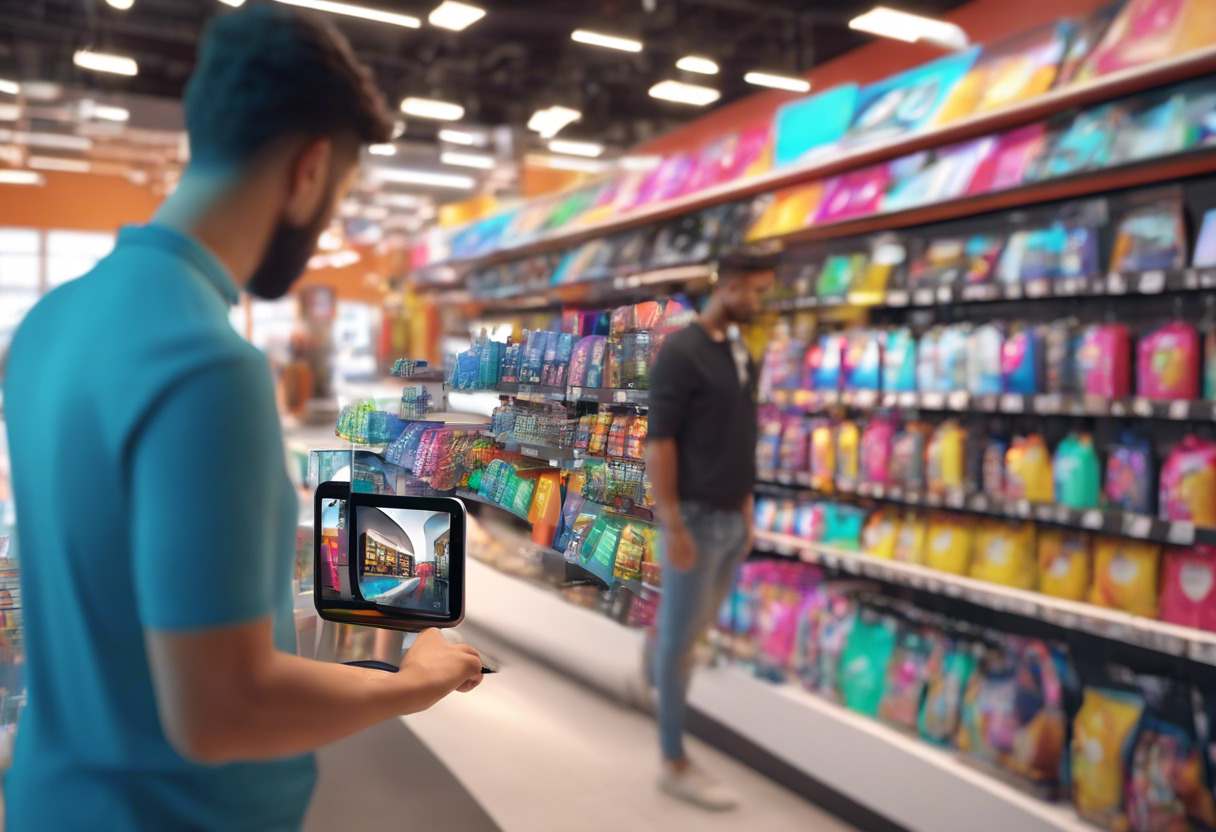 Colorful image of a person viewing augmented reality through Zappar app in a bustling retail store.