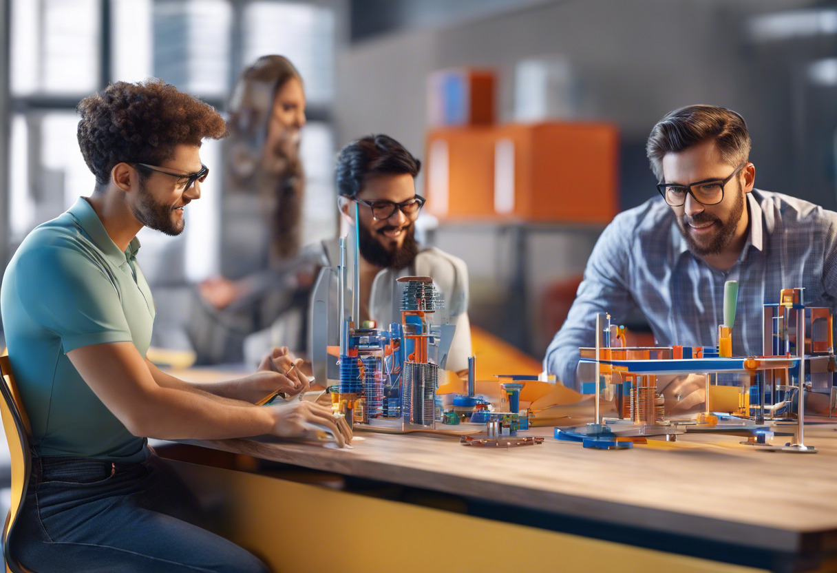 Colorful image of a product development team collaborating on product designs using Onshape in an advanced design lab