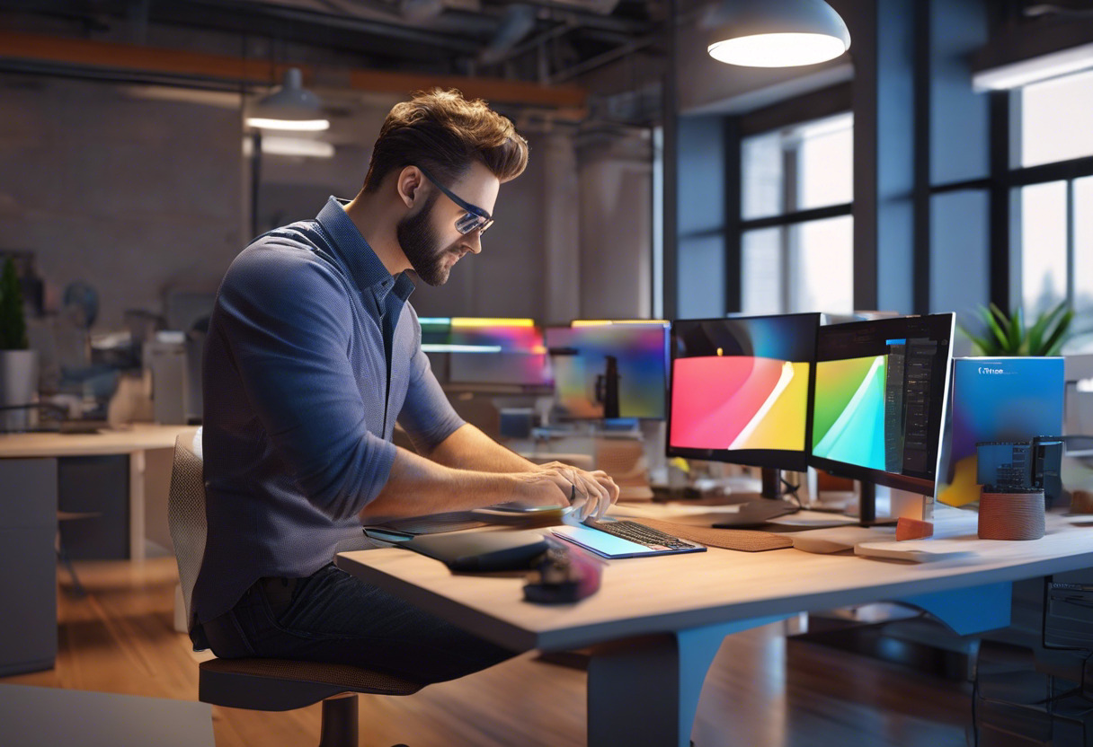 Colorful image of a professional 3D designer working on Shapr3D in a modern tech office