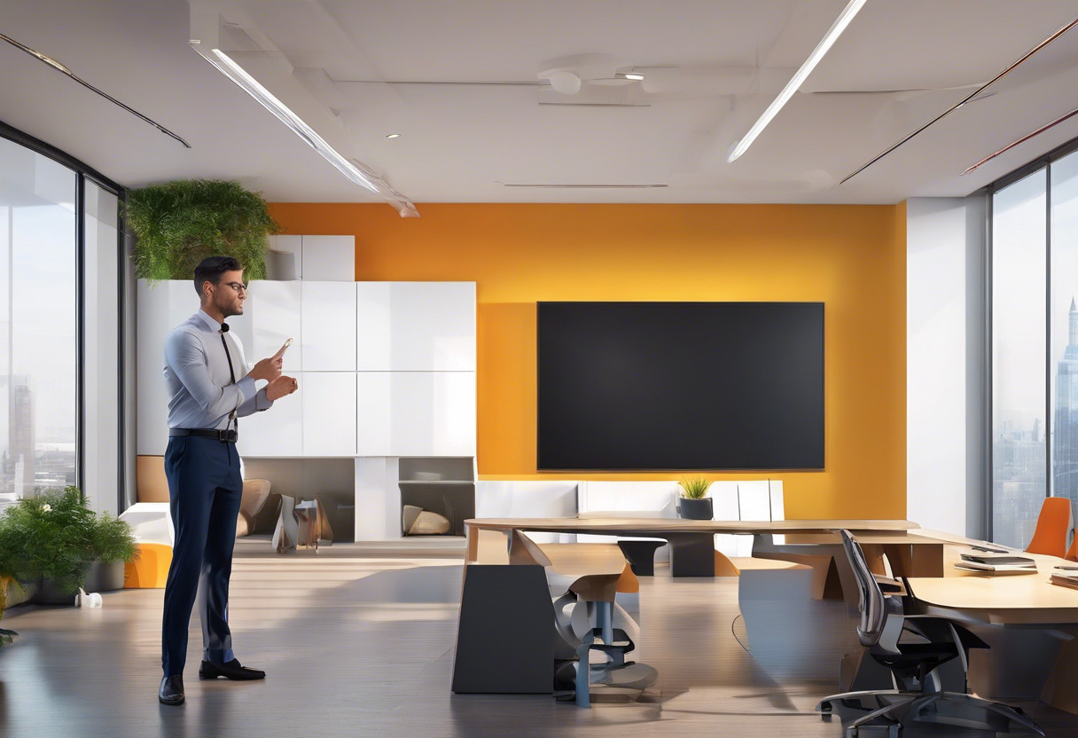 Colorful image of a professional delivering an AR presentation in an office setting